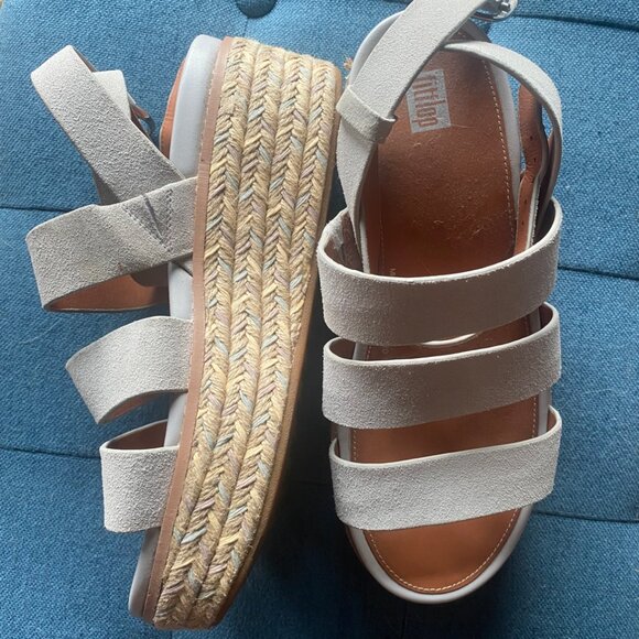 9.5 FitFlop Women's Eloise Suede Leather Cork Strappy Wedge Sandals Espadrille - Picture 7 of 9